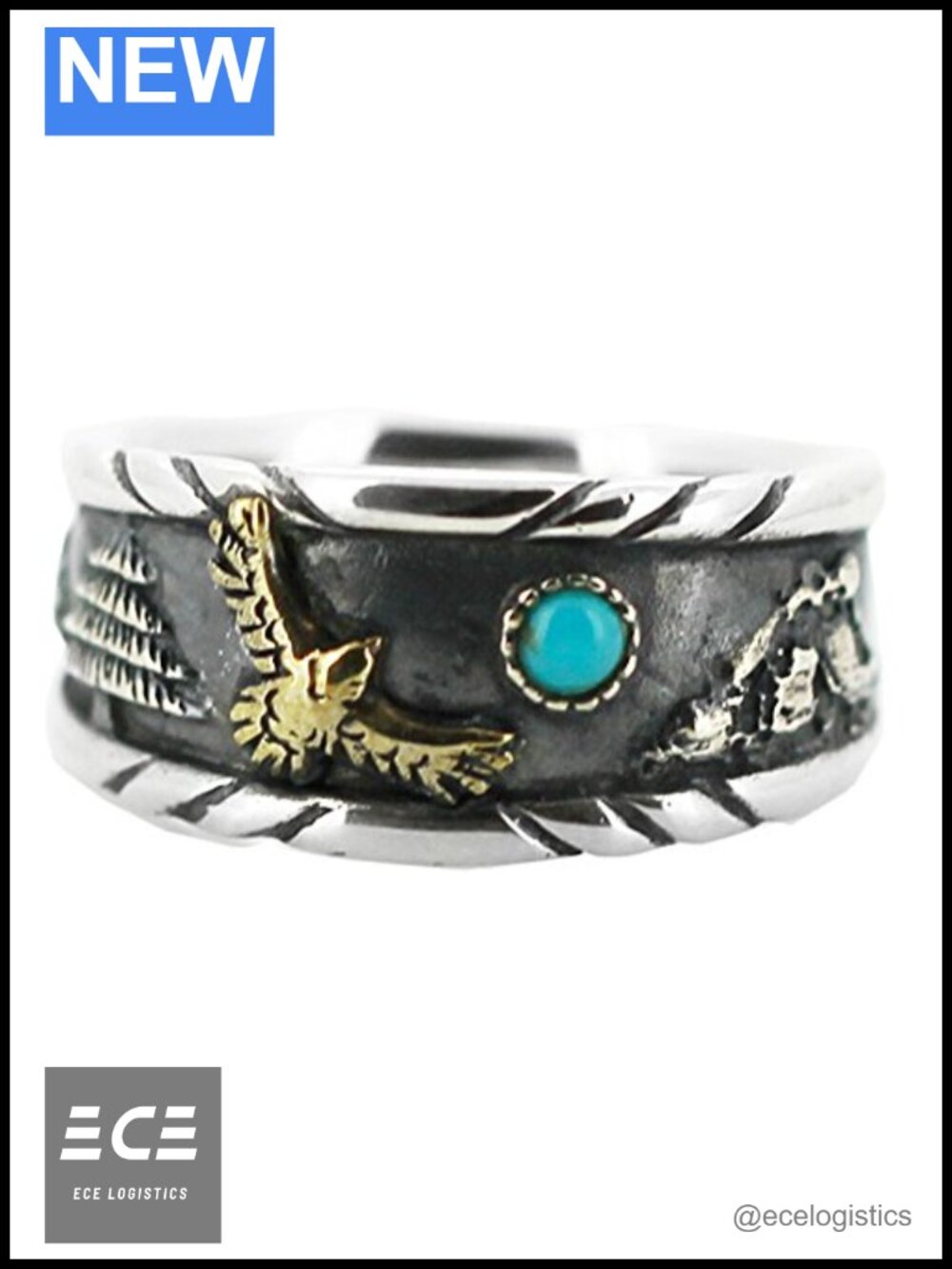 Men's Antique Vintage 925 Sterling Silver Copper Turquoise Band Ring